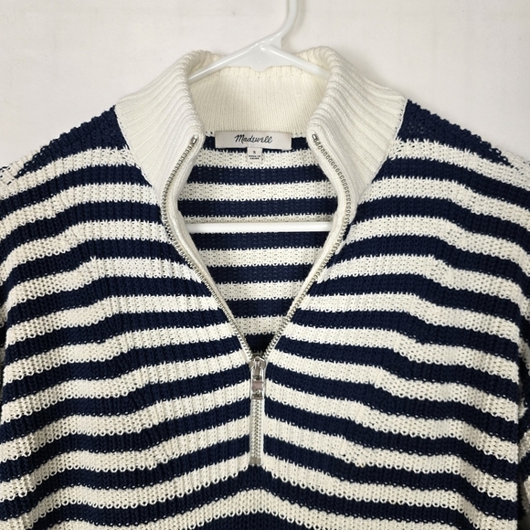 Madewell White And Navy Ribbed Half-Zip Sweater in Stripe - Picture 7 of 12